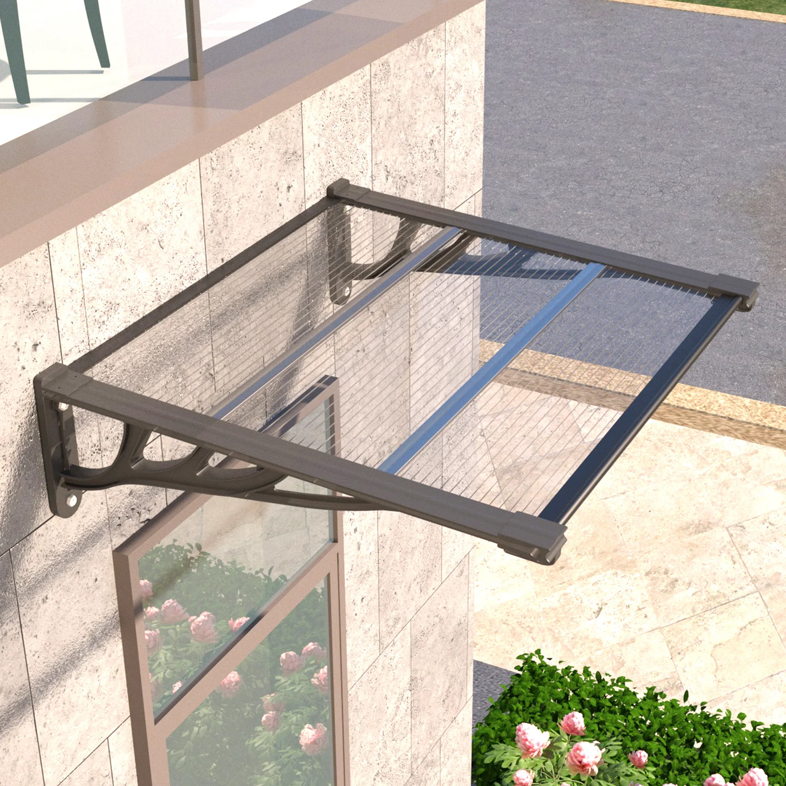 

Polycarbonate-faced window canopy for UV protection Outdoor entrance or commercial shop awning