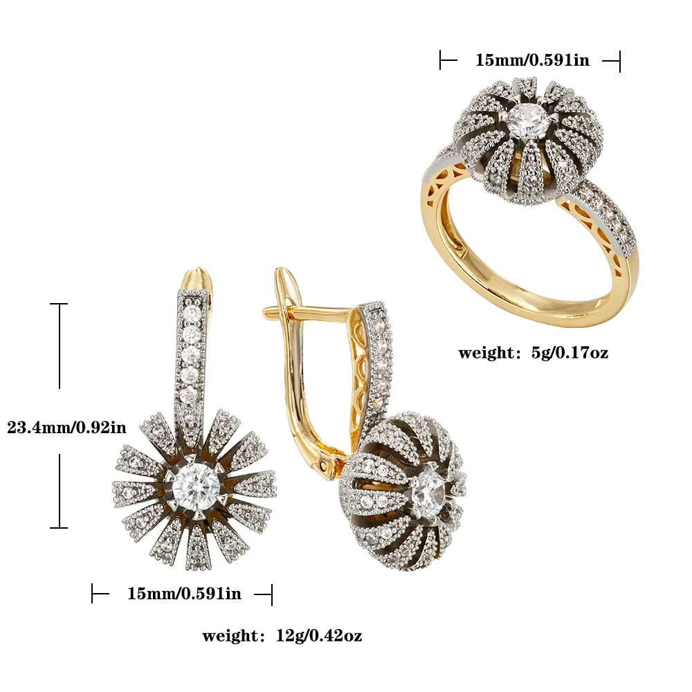 Petal Design Inlaid Synthetic Zircon Ring Earrings Ring suit Copper Plated 14K Gold Retro Fashion Jewelry Banquet Gift