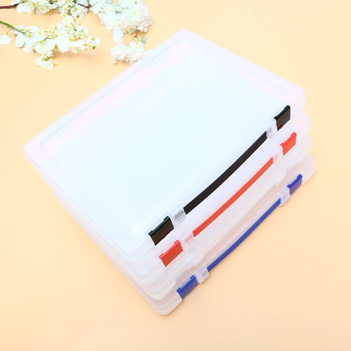 Clear Document Storage Box Stackable Transparent Plastic Blue Buckle File Case Portable Storage Holder for Documents