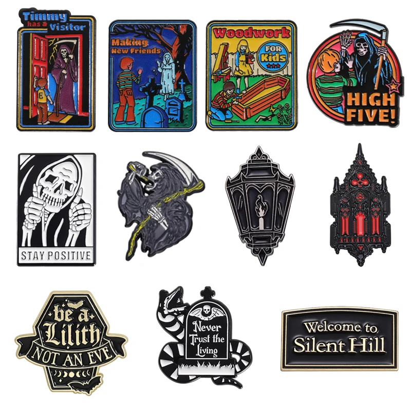 Stay Positive Halloween Enamel Pins Gothic Punk Skeleton Grim Reaper Death Metal Brooches Lapel Badge Jewelry Gifts For Friends