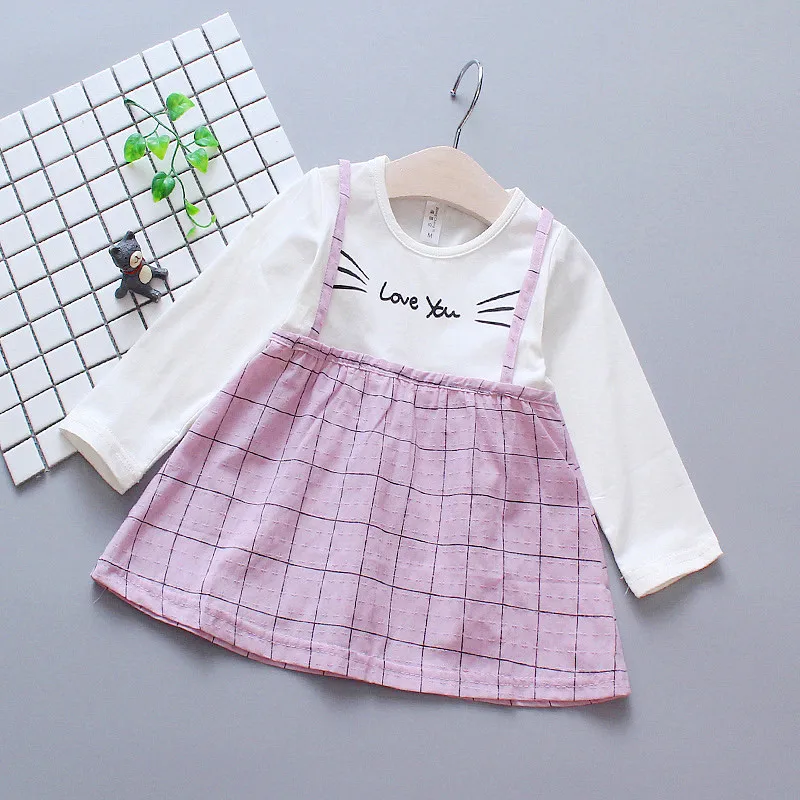 Checked Suspender Splicing Infant Dress Spring And Autumn Girls' Baby Long-Sleeved Dress Simple Girl Children'S Clothing