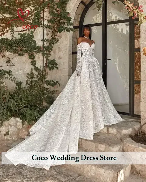 Vestidos De Novia personalizados De encaje excelente con hombros descubiertos para mujer, corte en A, Apliques De encaje, plisado, tul, Vestidos De Novia