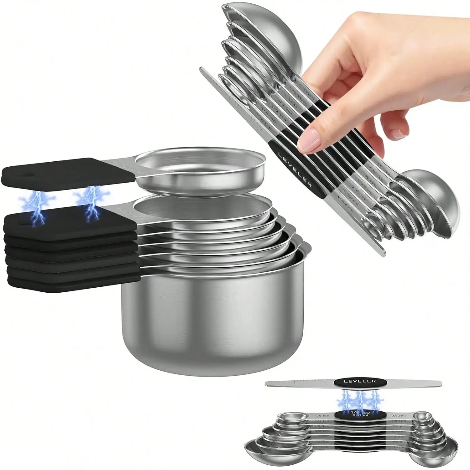 

15PCS 304 Stainless Magnetic Measuring Cup & Spoon Set - Double-Sided for Dry/Liquid Ingredients