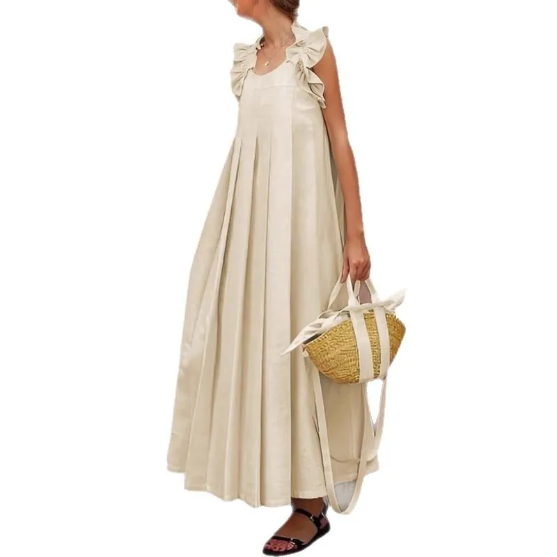 Robe d'été plissée sans manches pour femmes, col rond, ligne a, ample, couleur unie, décontractée et à la mode, Style vacances à la plage