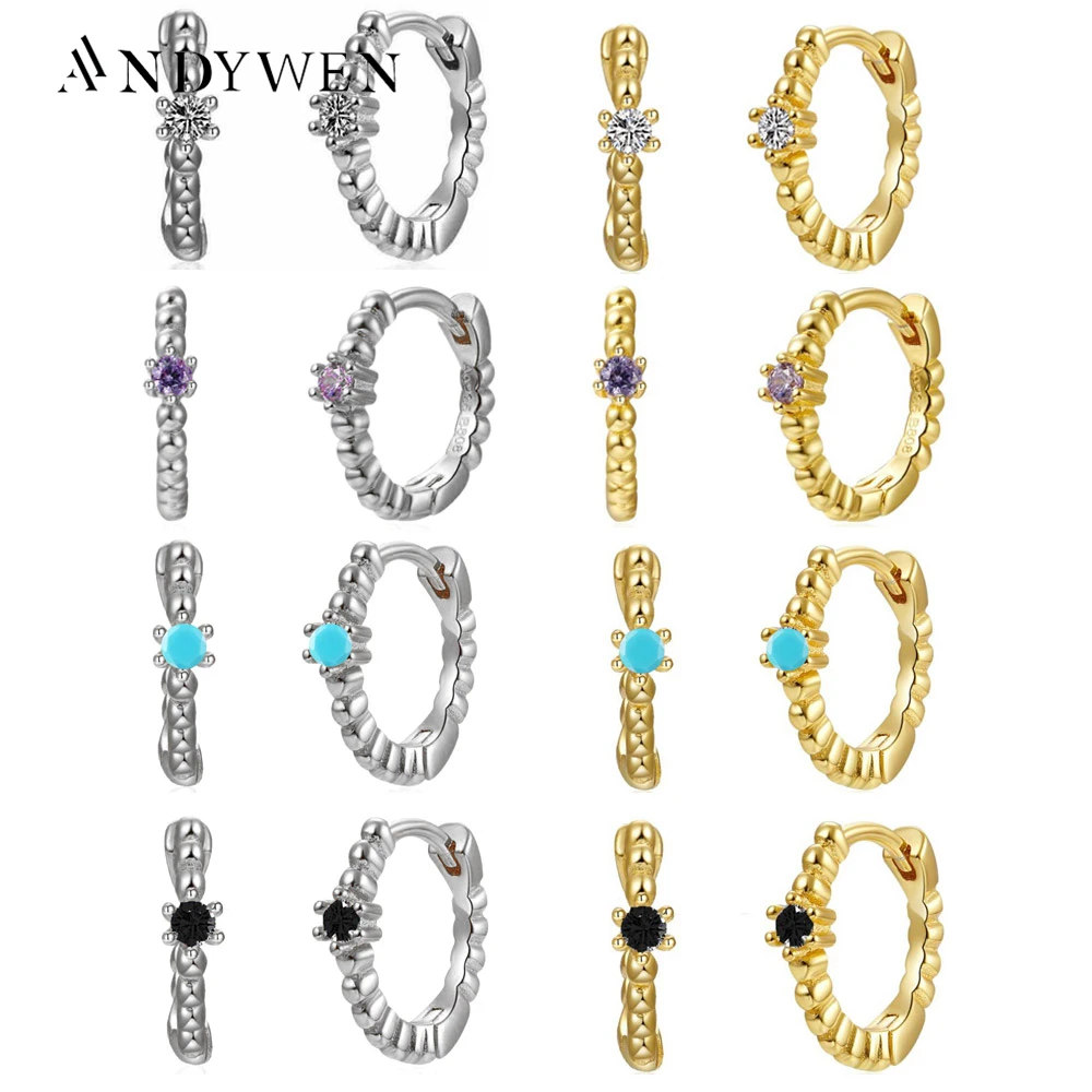 

ANDYWEN 925 Sterling Silver Gold 8mm Huggies One Zircon Clear Hoops Black Purple Circle Piercing Ohrringe Earring For European