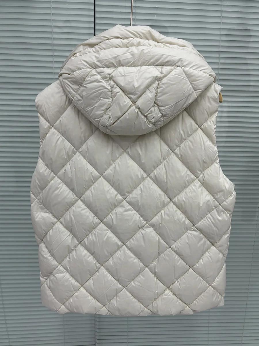 Schinteon Women 90% White Duck Down Vest with Hood Casual Sleeveless Jacket Argyle Simple Fashionable Autumn Winter Slim Top New