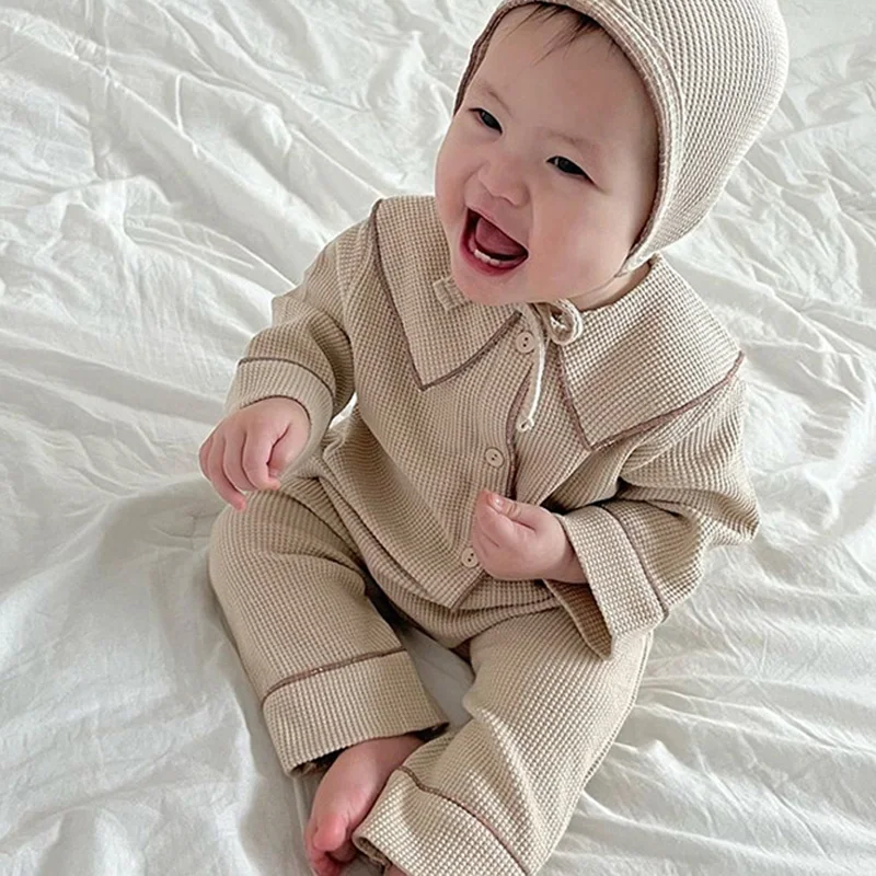 

Autumn Baby Clothes Set Solid Color Waffle Coats Pants Hat Infant Casual Home Clothing for Boys Girls Korean Toddler Kids Suit