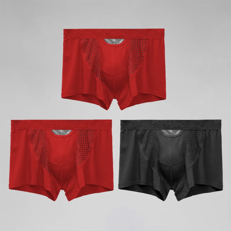 3 قطع ملابس داخلية منفصلة للرجال، سراويل سفلية من الوريد لدعم الصفن، سراويل رياضية ذات زاوية مسطحة منحنية من الحرير الجليدي