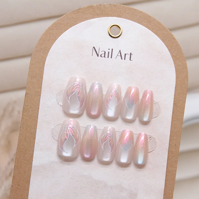 Mermaid Cat Eye Handmade Wearable Detachable Light Luxury Nail Clips, Medium T, High Grade Size, 10 Pieces