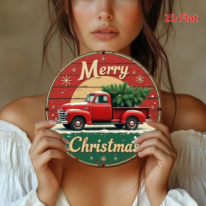 لافتة معدنية مسطحة ثنائية الأبعاد، قطعة واحدة من ديكور جدار العطلة الدائري - شاحنة حمراء بتصميم شجرة عيد الميلاد، نص "عيد ميلاد سعيد"، ندفة الثلج الاحتفالية