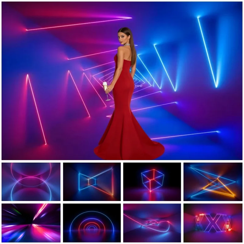 Neon Glow Fashion Party Backdrops 3D Aperture Stage Light Future Sense Electronic Beam Laser Spray Backgrounds For Photography