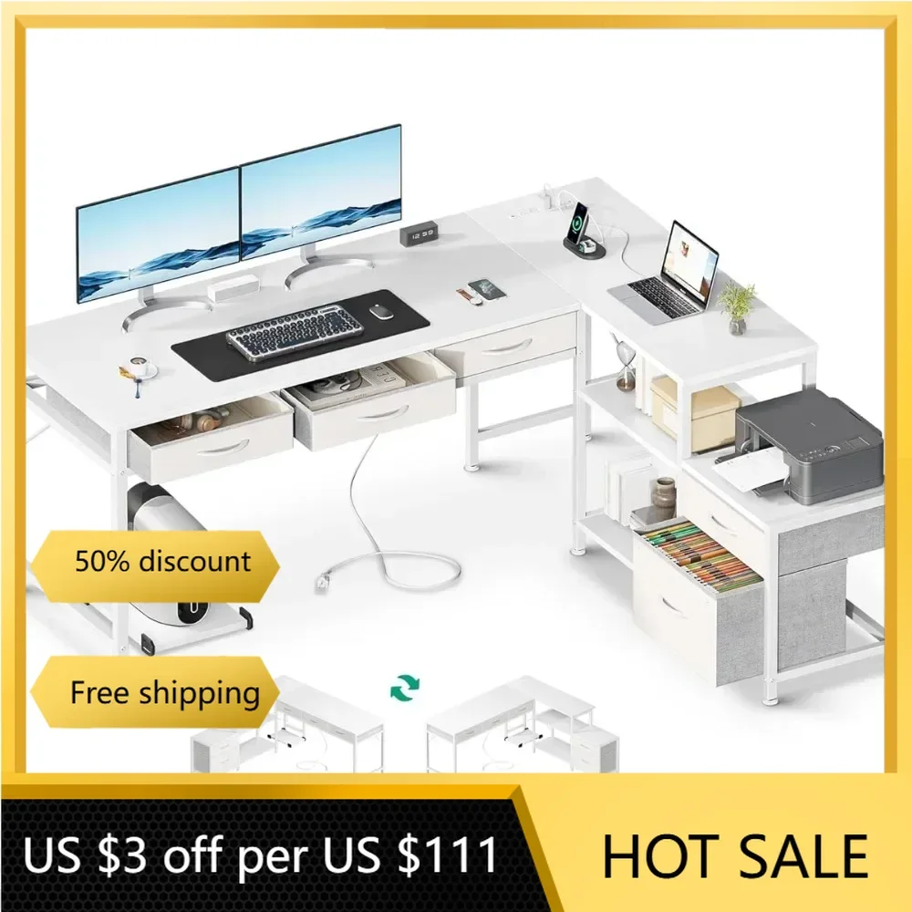 

Corner Gaming Table With Storage Shelves L Shaped Computer Desk With Fabric Drawers and File Cabinet White Office Furniture Room