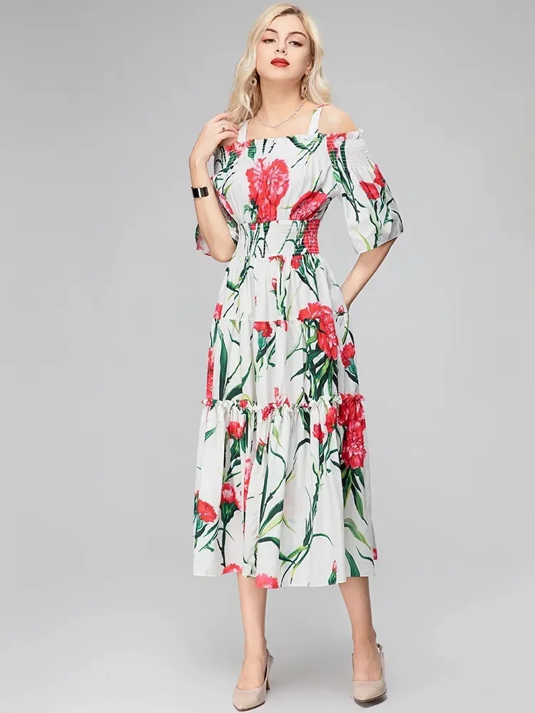 

Fashion Runway Summer Women's Vestidos Spaghetti Strap Short Sleeve Flower Printing Elastic Waist Dresses
