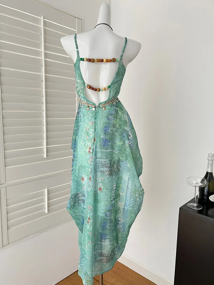 Women Summer Dress Korean Version Temperament Fairy High Street Elegant Sexy Backless Sequined Suspender Vestidos DS131