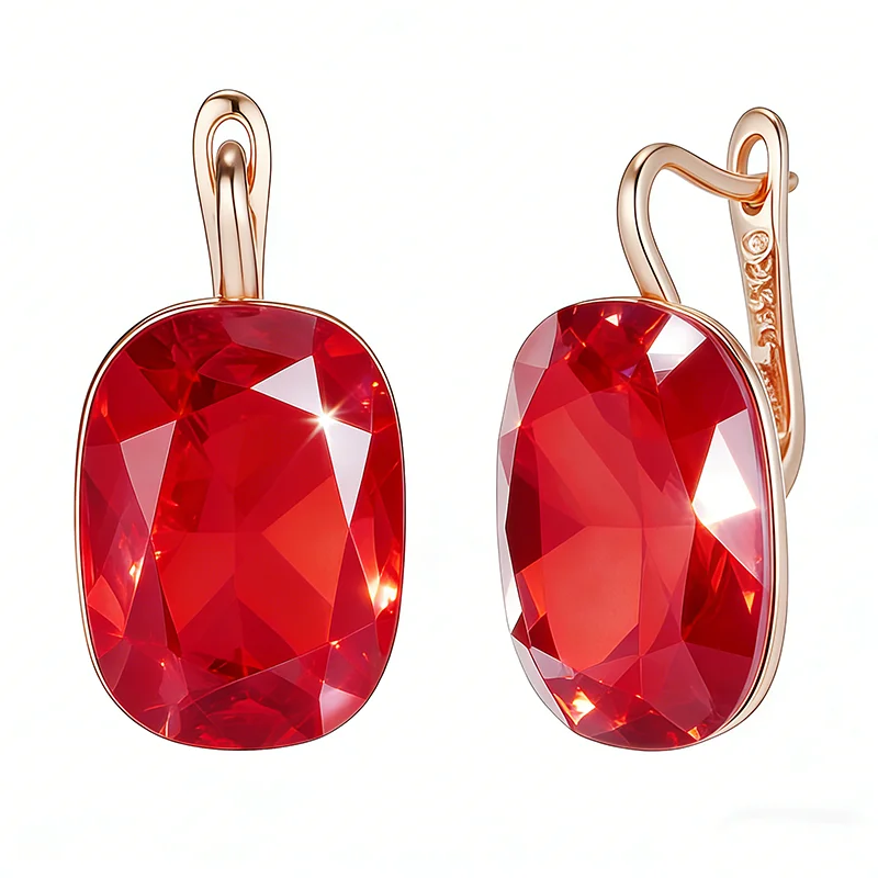 Wbmqda Luxus-Ohrringe mit rotem Stein für Damen, 585er Roségold, 25 x 13 mm, großer Zirkon, Schmuck, Geschenke