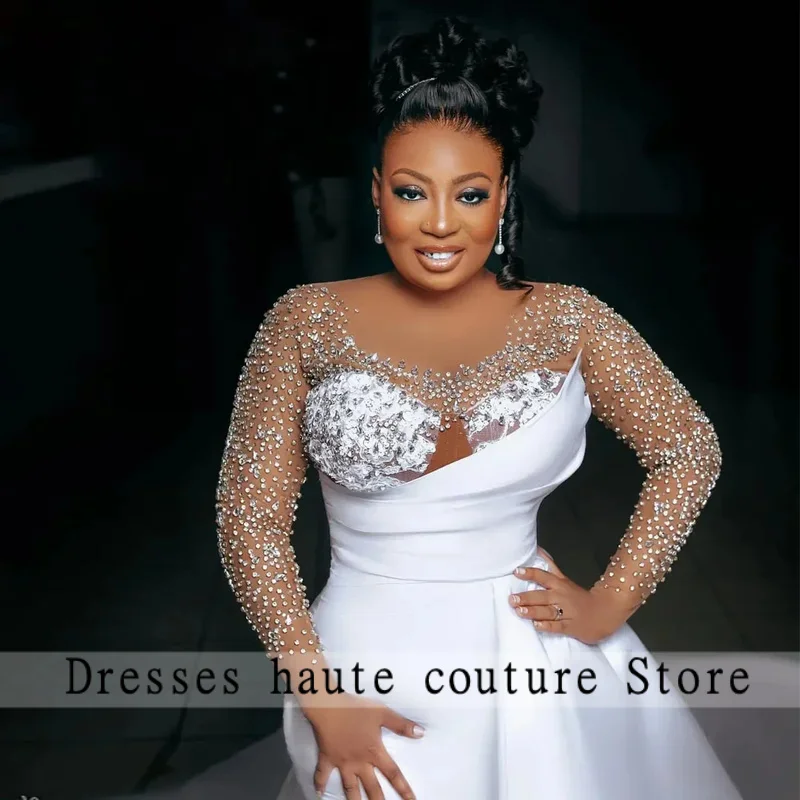 Elegant Sparkling Long Sleeve Mermaid Wedding Dress Arab Jewelry Collar Plus Size Bridal Dress Crystal Evening Dress Custom