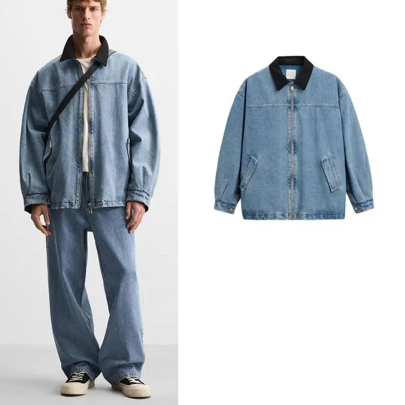 

Autumn Winter New Men's Loose Fit Long Sve Collared Denim Jaet Faion Urban Sle Stand Size Pure Color Zipper Closure