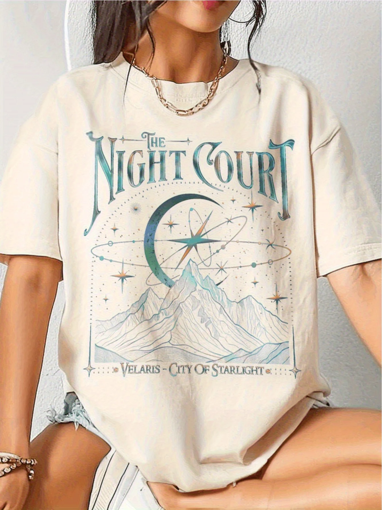 Velaris Night Courtyard Akota T-Shirt A Unisex Heavy-Duty Fantasy Themed Shirt Showcasing Designs of A Starry Sky