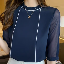 Blusa de chiffon azul gola O feminina, camisa manga curta, tops de verão, blusas femininas, F97, 2021