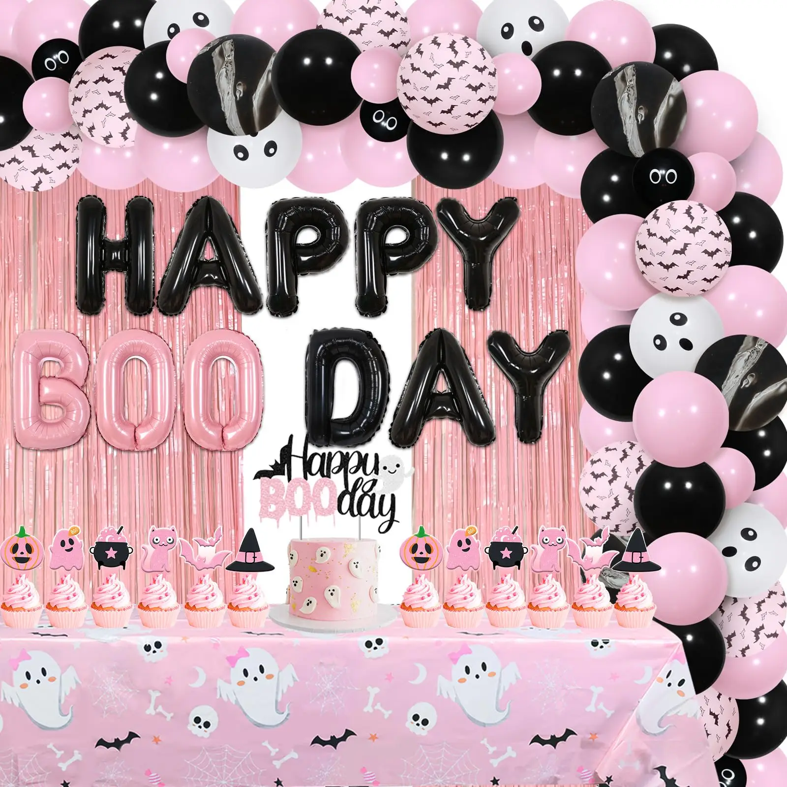 

Kreatwow Хэллоуин День Рождения Украшения Розовый Черный С Днем Бу для Девочки Воздушный Шар Баннер
