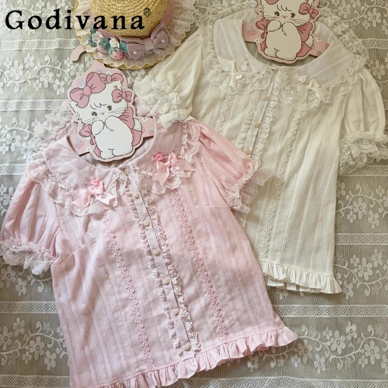 

Girl's Sweet Pink Lolita Inner Shirt Summer New 2025 Japanese Style Women's Slim-Fit Lace Doll Collar Cotton Tops Blusas Mujer