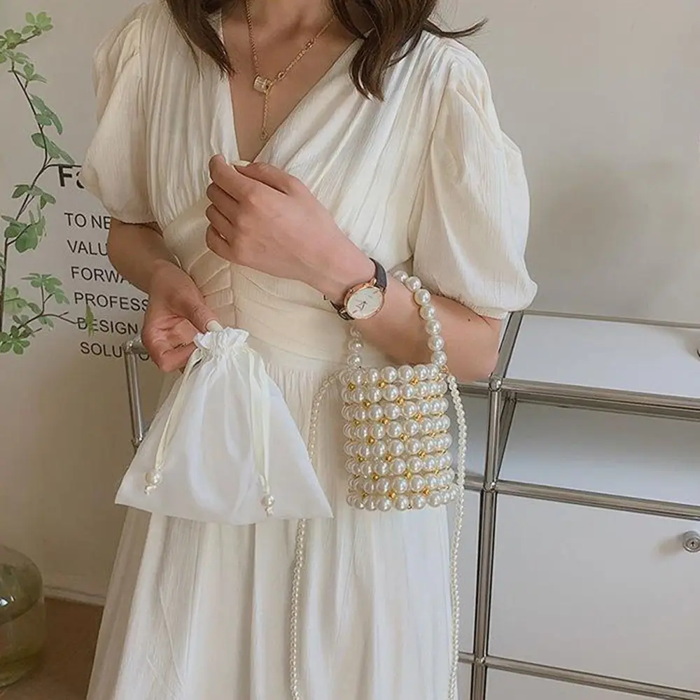 

Модная роскошная сумка с жемчужными бусинами, мини-сумка на плечо с отстегивающейся цепочкой, плетеная сумка-кошелек ручной работы в стиле бохо, кроссбоди, кошелек для монет