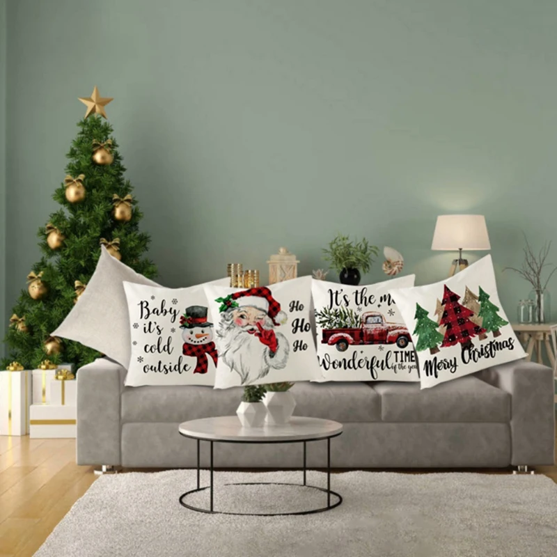 Christmas Pillowcase Xmas Oil Painting Group Drawing Linen Home Cushion Cover 45*45cm Decorative Pillow Covers for Sofa Beds