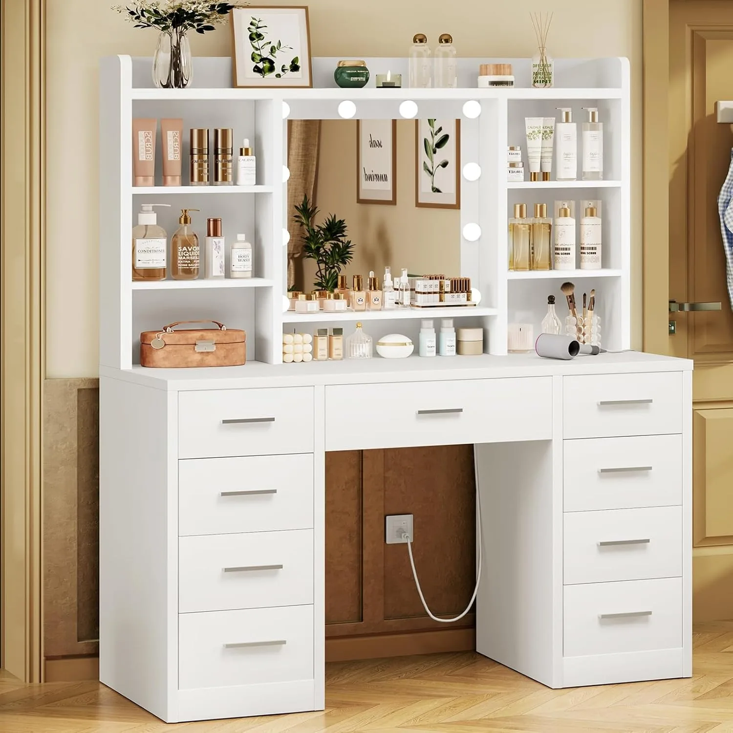 Makeup Vanity with Lighted Mirror & Power Outlet, 9 Drawers & 6 Storage Shelves, 3 Light Modes, Custom