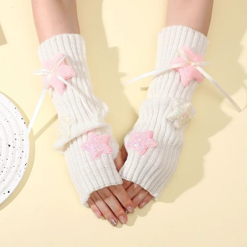 Women Cozy Soft Plush Star Knitted Arm Cover Sleeves for Autumn and Winter College Style Y2K Stack Exposed Finger Warm Long