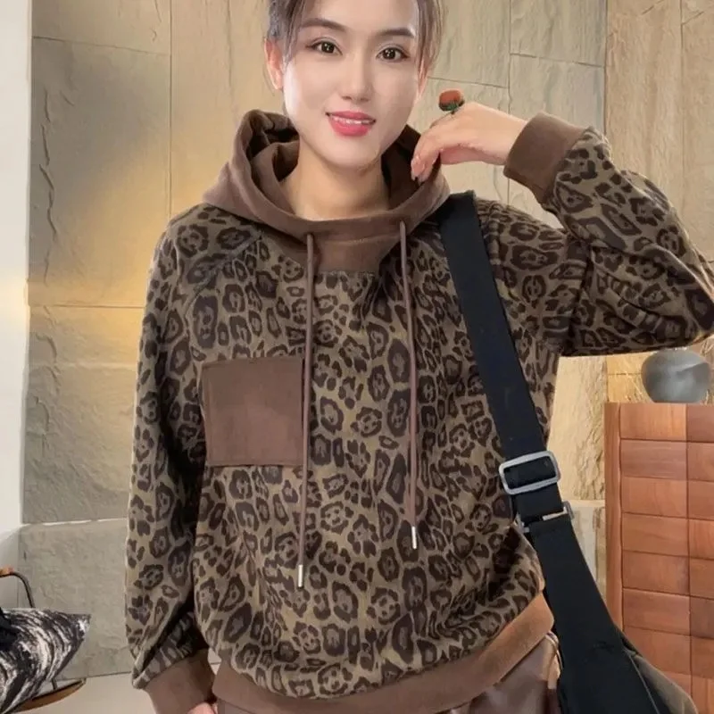 Women's Jacket Fall/winter Double-sided Velvet Leopard Sweater Female Joker Hooded Stitching Pocket Plus Velvet top Bottoming