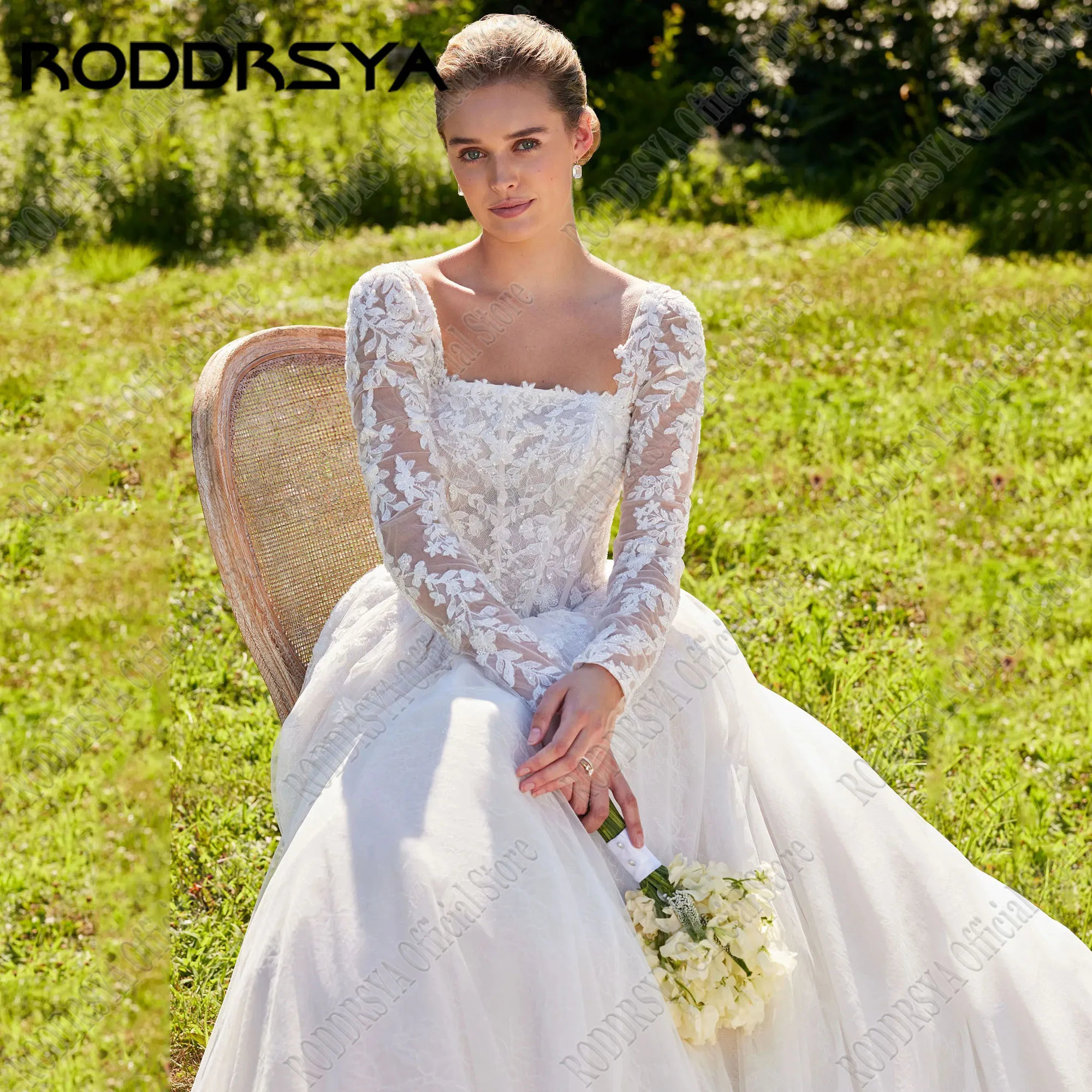 RODDRSYA-vestidos de novia de tul Vintage, manga larga, cuello cuadrado, línea A, apliques de encaje, vestidos de novia personalizadosVestido de novia retro roddrsya vestido de novia de manga larga cuello cuadrado en f