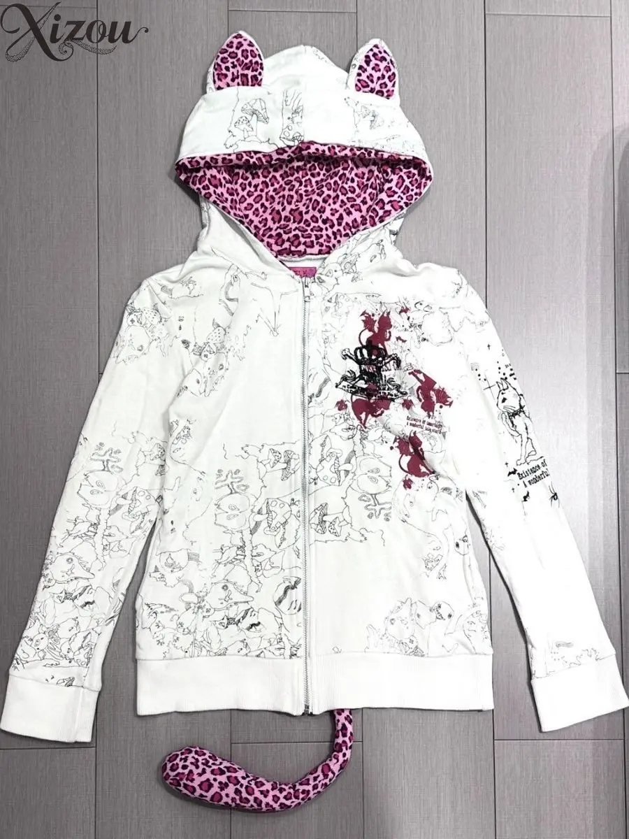 

Y2K Women Hoodie Pink Leopard Print Cat Ear Zip-Up Hot Girl Gothic Grunge Punk Streetwear Jacket 2025 Autumn Winter Japanese