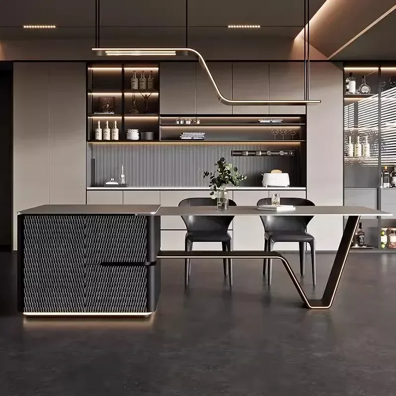 Minimally designed flat island dining table with integrated retractable custom stainless steel island table