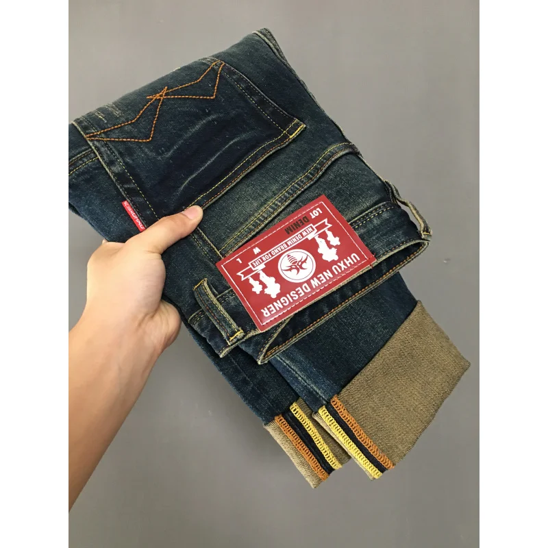 

Мужские джинсы в стиле ретро, новинка 2025, универсальные облегающие брюки, маленькие прямые потертые ностальгические простые брюки с вырезами