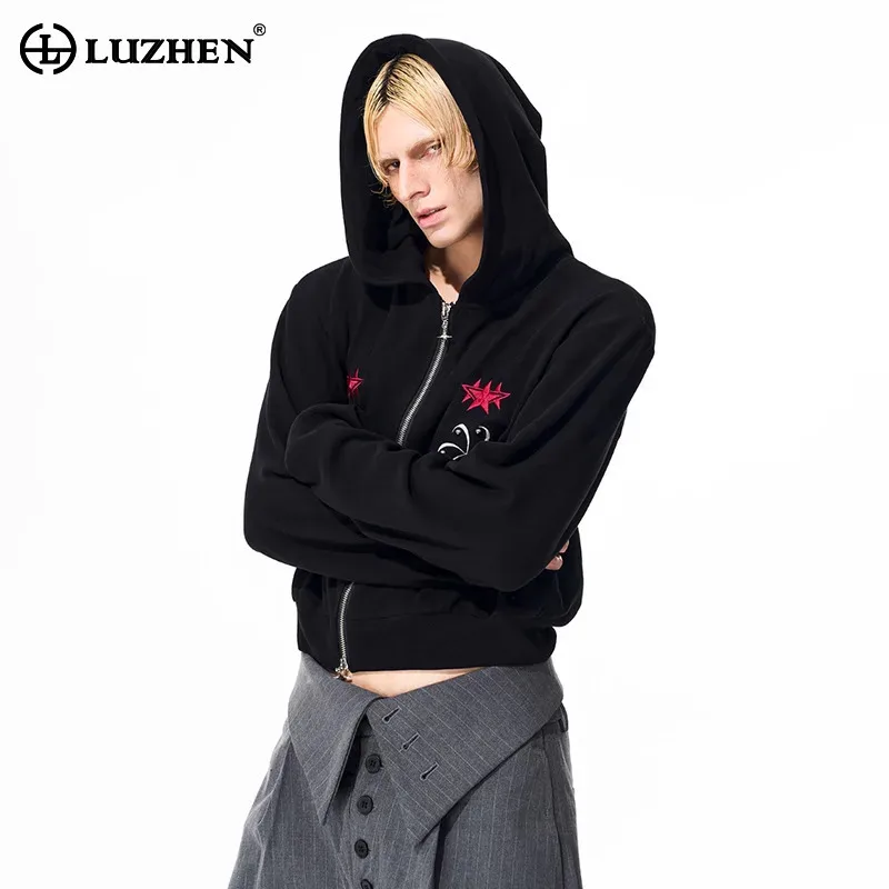 

LUZHEN 2025 новая мода вышивка логотипа двойная молния вязаный кардиган мужская оригинальная уличная тонкая короткая куртка одежда JY5013