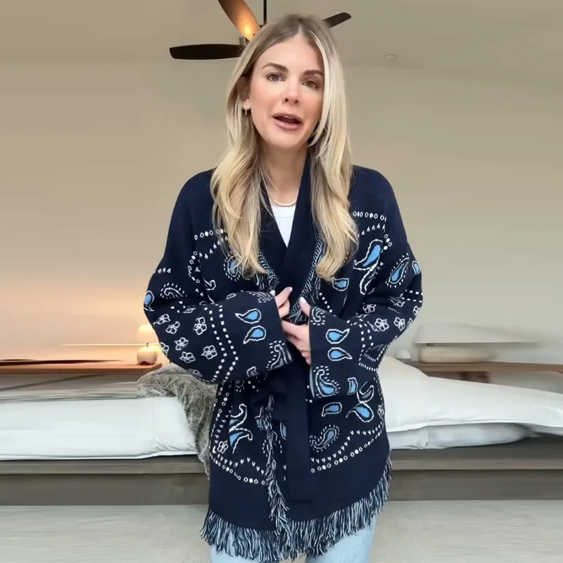 Vintage-Quasten-Druck-Damen-Cardigan mit V-Ausschnitt, Schnürung, volle Ärmel, gespleißte Pullover, 2025, Herbst-Dame, All-Match-Kintwears – Detail 13