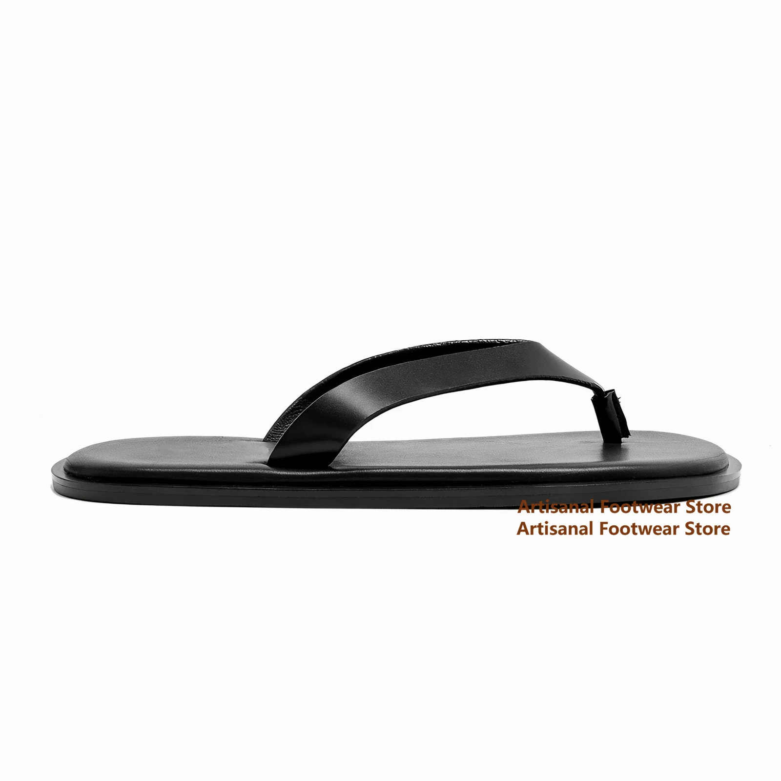 Vintage Cow Leather Flip Flops for Men Thin Strap Flat Sole Slip On Mules Sandals Luxury Beach Slides ﻿Trendy Men's Slippers