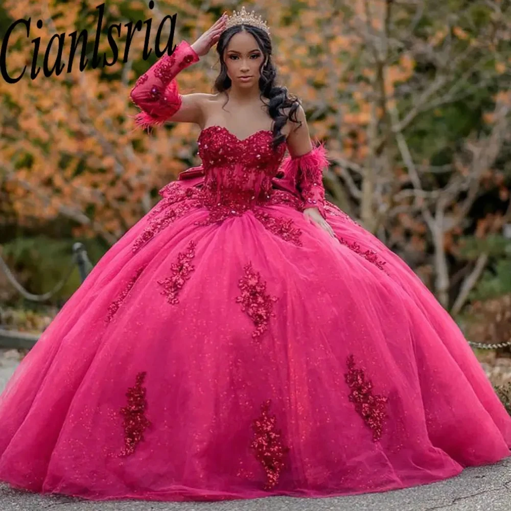 

Fuchsia Feathers Detachable Sleeve Quinceanera Dresses Ball Gown Beading Crystal Appliques Lace Princess for Sweet 15 Birthday