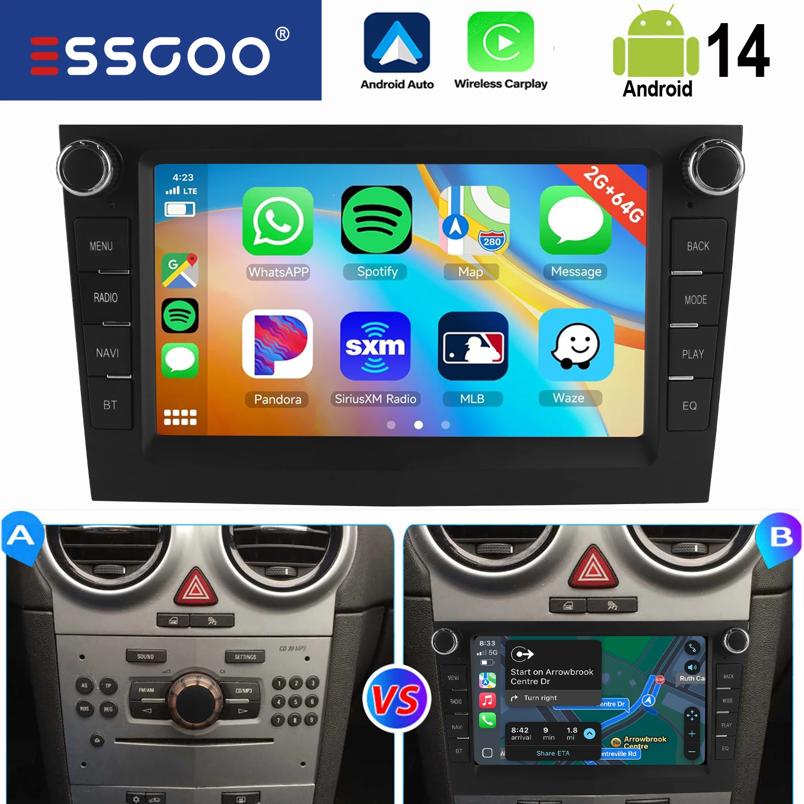 ESSGOO Black Carplay For Opel/Vauxhall Corsa D Astra H Zafira Android 14 GPS NAVI AI Voice Control 7” Car Stereo WIFI BT SWC RDS image 3