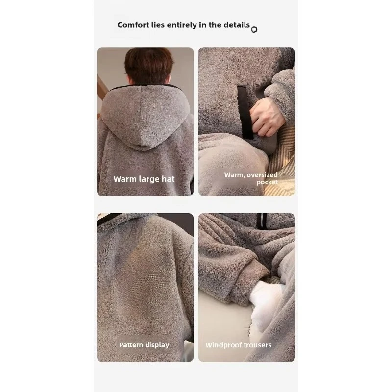 Casual Coral Zipper, Warm Winter Fashion New Large-sized, Loose and Thickened Outdoor Home Wear Set for Teenagers Men's Pajamas.