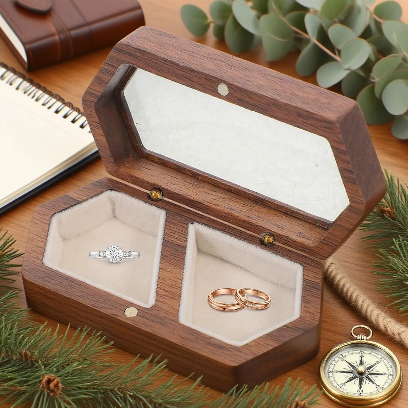 

Wedding Ring Boxes for Ceremony Wooden Double Ring Box Desk Organizer for Engagement Bridal Party Groom Proposal Anniversaries