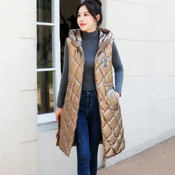 New Winter Sleeveless Jacket Coat Women Down Cotton Vest Hooded Long Autumn Female Solid Fashion Waistcoat Slim Outwear Zipper