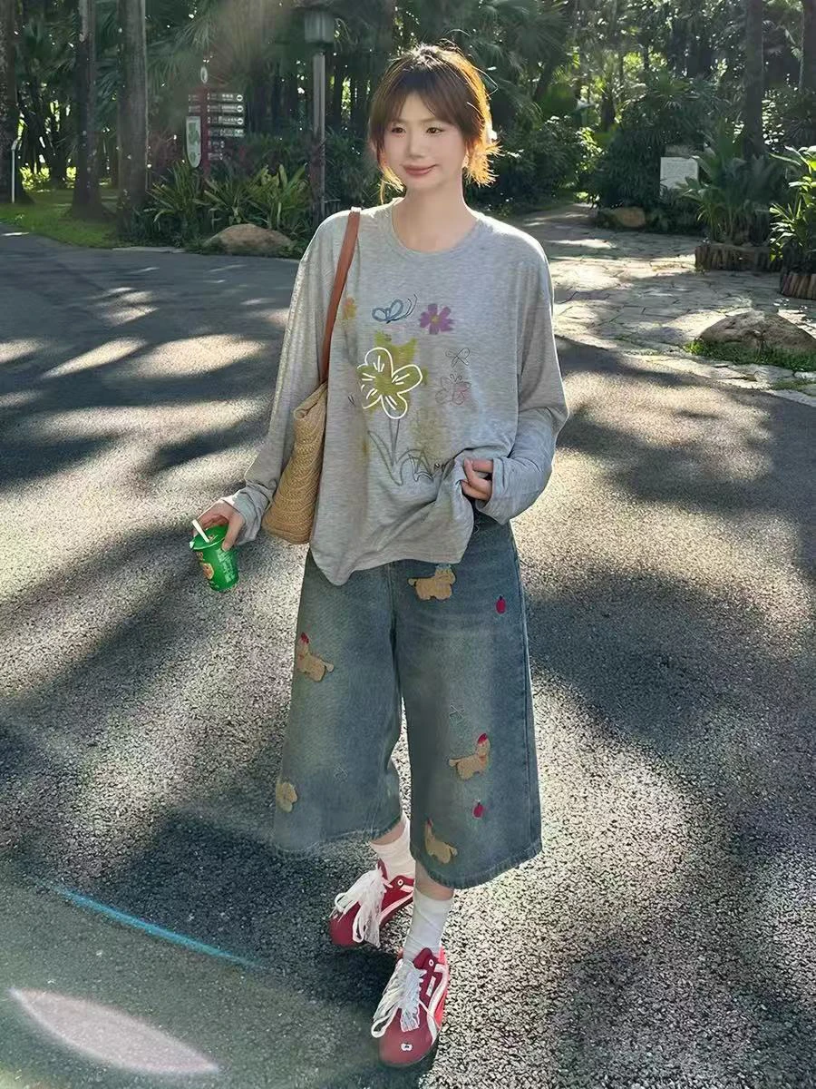 High Waist Embroidered Crop Denim Jeans Women's American Style Summer plus Size Loose Straight Leg Wide Leg Mid-Length Pants