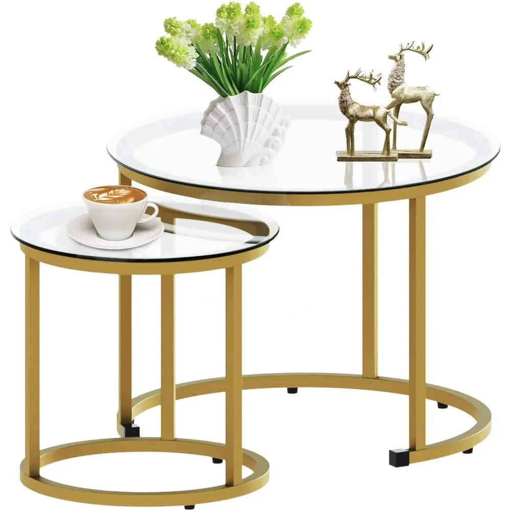 Coffee Table Set of 2, Small Glass Round Nesting Tables for Living Room Bedroom, Accent Tea Table with Metal Frame