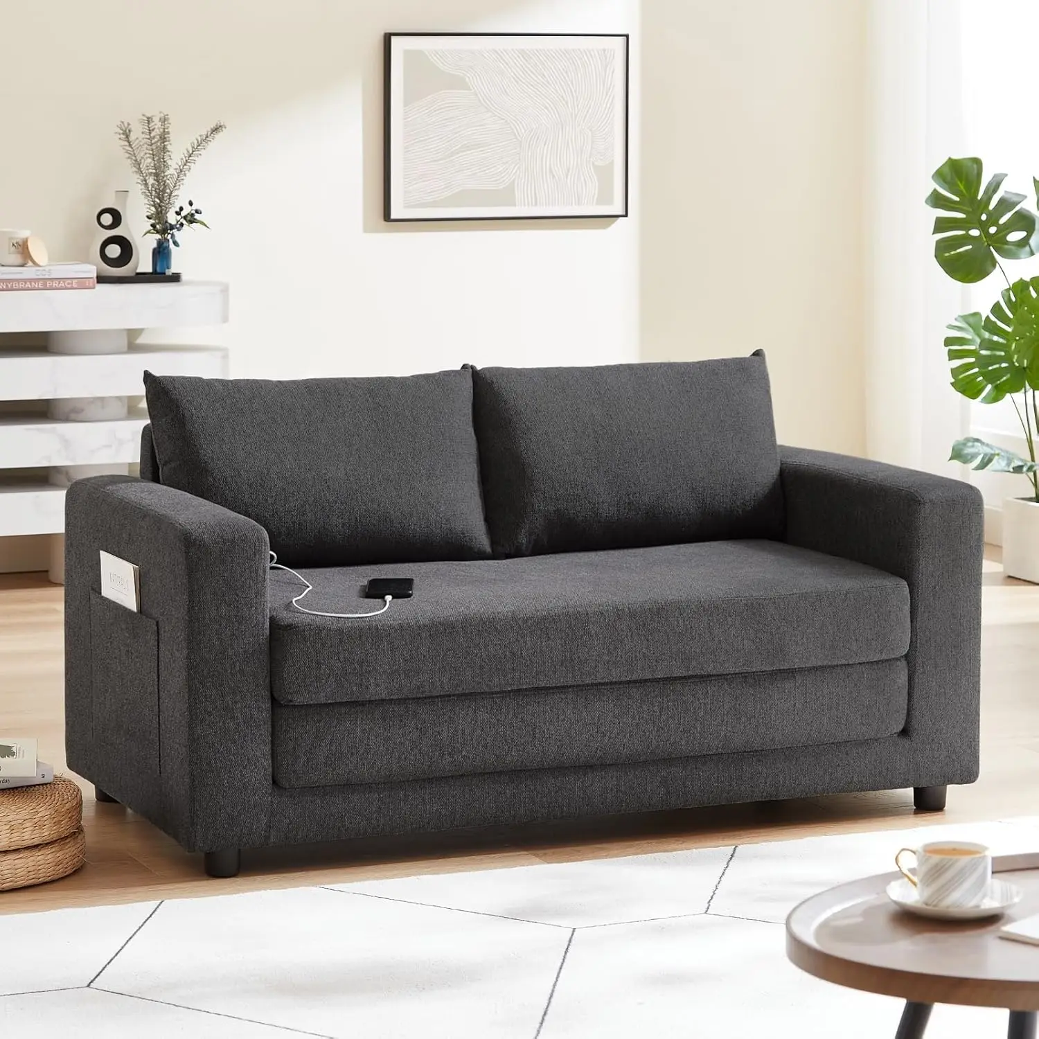 Linen Fabric With Wide Folding Sofa Bed,Sleeper Sofa Bed With Side Pockets And 2 Usb Charging Ports, Bedroom,Office, Easy To