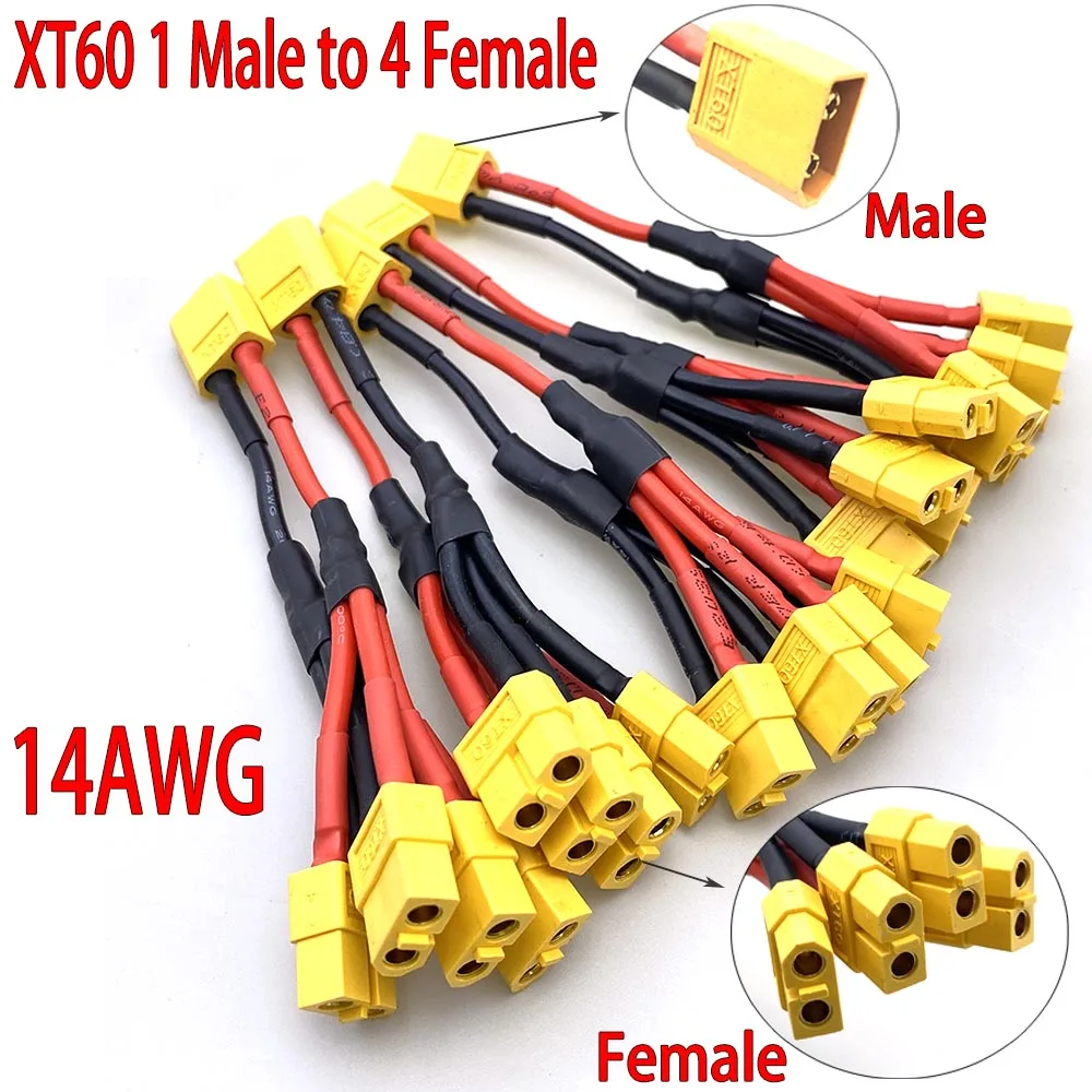 كابل موصل البطارية المتوازي XT60 1 ذكر إلى 4 أنثى ثنائي التمديد Y الخائن/4-Way 14AWG سيليكون سلك لبطارية RC