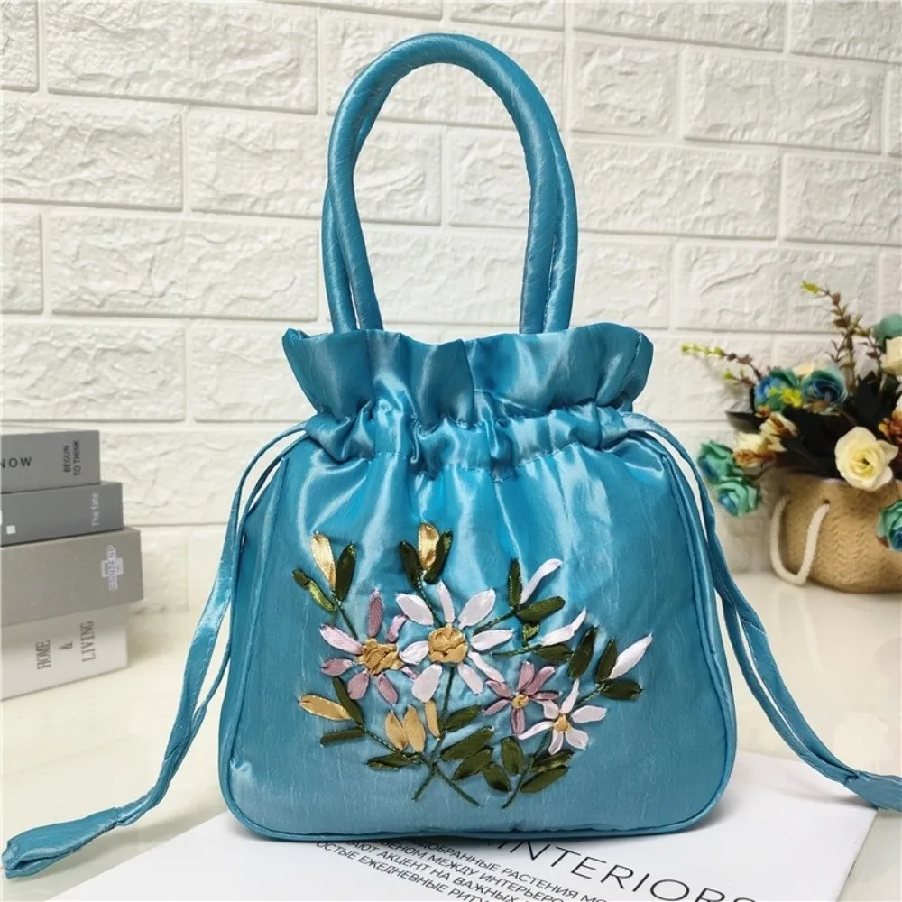 Embroidered Flower Pattern Women Bucket Bag National Style Phone Bag Ladies Handbag Small Dacron Drawstring Bag