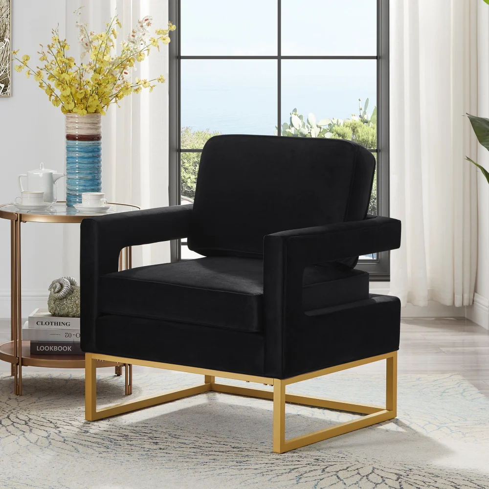 

Modern Style Accent Chair with Gold Metal Base , Velvet Upholstered Leisure Chair with Open Armrest, Armchair, Black