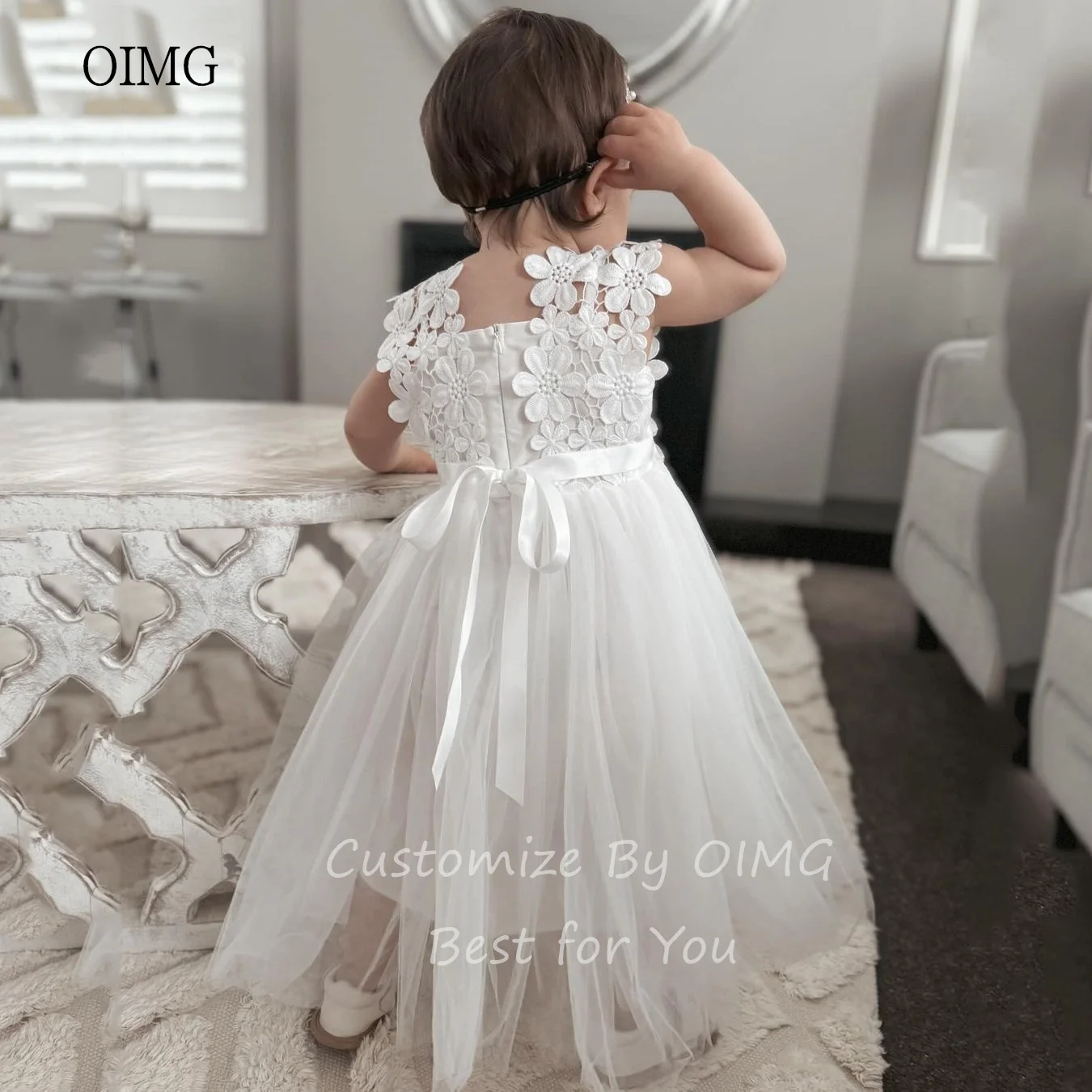 OIMG น่ารัก Ivory A-Line ชุดเดรสดอกไม้แขนกุด Applique ชุดแต่งงานชุดเจ้าหญิง Tulle ชุดวันเกิดที่กําหนดเอง