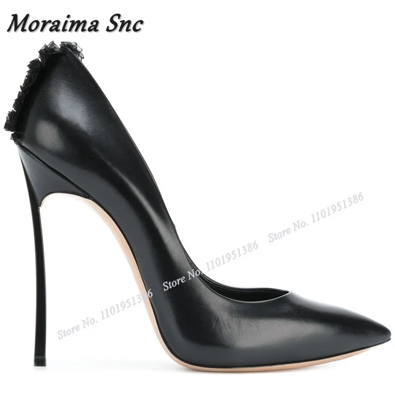 

Moraima Snc Black Back Decor Metal Heel Pumps For Women Solid Shallow Shoes Pointed Toe Slip on Stiletto Heels Zapatillas Mujer